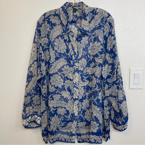 Lauren Ralph Lauren 100% Silk Sheer Blue Floral Tunic button front 18W - Picture 1 of 7